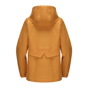 Rear view of orange hooded windbreaker with elastic cuffs and decorative back pleats
