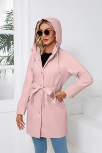 Pink hooded raincoat detail with adjustable waist belt and silver snap buttons
