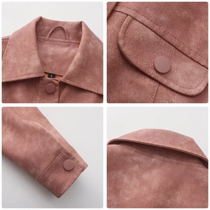 Detail shots of pink faux suede jacket featuring lapels, flap pockets, and buttoned cuffs