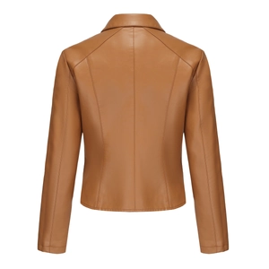 Detail view of the back of a slim fit tan leather jacket with premium stitching and collar