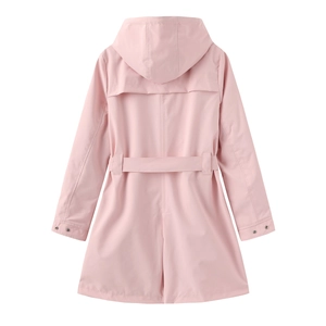 Detail view of pink water-resistant hooded windbreaker back with storm flap and waist belt