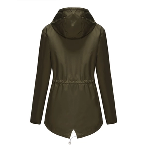 Back view of army green hooded windbreaker with drawstring waist and fishtail hem detail