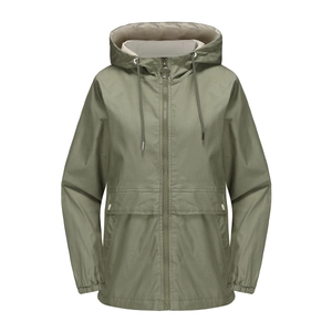 Close-up of hooded windbreaker with contrast lining, metal zipper, and cargo pockets