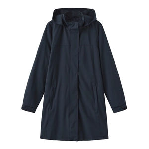 Detail of adjustable velcro cuffs and windproof placket on navy water-resistant trench coat
