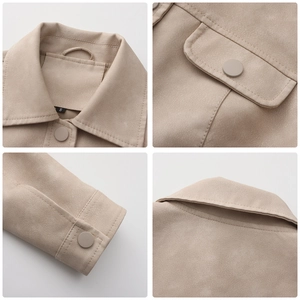 Detail view of khaki faux suede jacket showing pocket, stitching and collar craftsmanship
