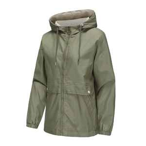 Detail of army green hooded windbreaker with zip front, drawstrings and large flap pockets