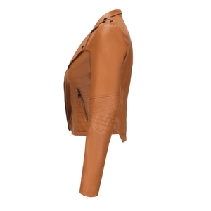 Detail of tan leather jacket showing studded shoulders and horizontal stitching on sleeves
