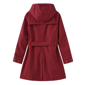 Detail view of water-resistant burgundy hooded windbreaker back with storm flap and waist belt