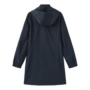 Back view of a long dark blue hooded windbreaker showing smooth fabric and elastic cuffs