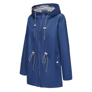 Detail of waterproof navy parka with striped hood lining and adjustable drawstrings