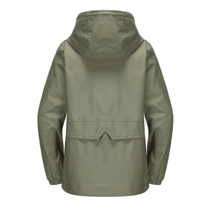 Back view of hooded windbreaker featuring storm flap and elasticized sleeve cuffs