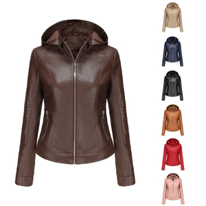 Women's slim fit hooded faux leather jacket with quilting in multiple color options