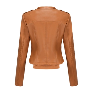 Detailed back view of a slim fit brown faux leather motorcycle jacket with sleek seams