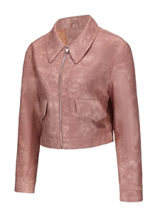 Detail view of dusty pink faux suede jacket featuring metal zipper and cargo pockets