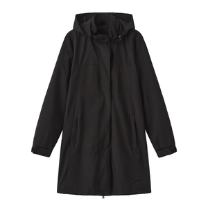 Detail of water-resistant fabric on long-sleeved black windbreaker with hooded collar