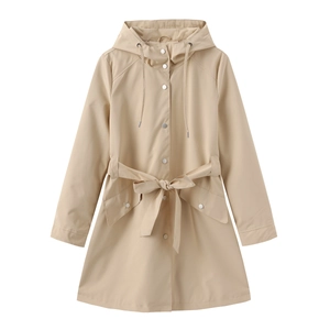 Detailed view of the drawstring hood and silver snap buttons on the khaki windbreaker