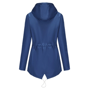 Back view of a navy blue hooded raincoat with waterproof fabric and adjustable waist drawstring
