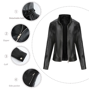 Women's black faux leather jacket with detachable hood and quilted shoulder details