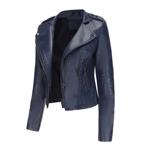 Detailed view of navy blue leather jacket with silver studs and zipper accents