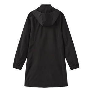 Back view of black hooded windbreaker jacket with elastic cuffs and water-resistant fabric