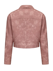 Rear view of a faux suede short jacket in dusty rose with seam detailing and back hem