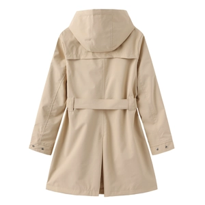 Rear view of khaki hooded windbreaker featuring storm flap, waist belt, and cuff straps