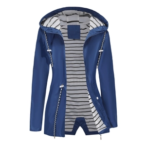 Detail of navy hooded raincoat featuring striped lining, waist drawstring and S size tag