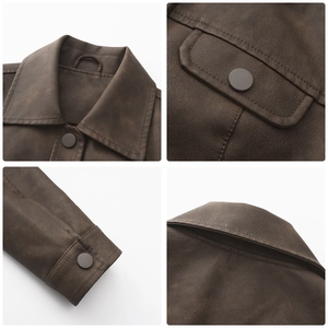 Detail of dark brown faux suede jacket featuring metal snap buttons and flap pockets