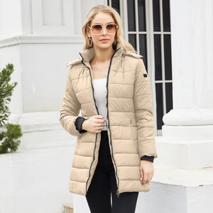 Women's waterproof quilted parka with removable hood in beige for winter warmth