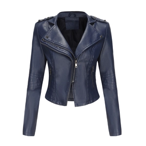 Detail view of navy blue faux leather jacket featuring silver studs and pleated sleeves