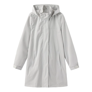 Detail of light grey outdoor trench coat featuring adjustable hood and hidden zipper