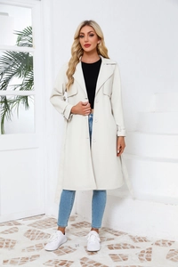 Oversized beige lange PU-trenchcoat met reverskraag en verstelbare riem details
