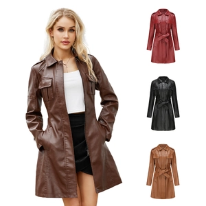 Trench da Donna in Pelle PU Media Lunghezza Con Cintura Manica Lunga Revers Moda Stile Britannico Giacca a Vento