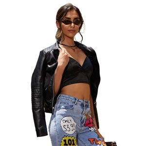 Women's black faux leather motorcycle jacket with hooded collar and patched denim jeans