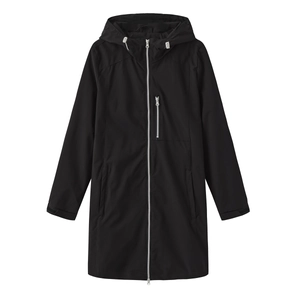 Detail of waterproof black hooded windbreaker with metal zipper and chest pocket