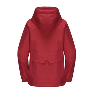 Back view of a red hooded windbreaker jacket featuring elastic cuffs and flap pockets
