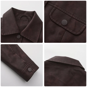 Detailed views of matte brown leather jacket stitching, flap pockets, and snap buttons