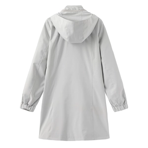 Back view of a light gray water-resistant windbreaker with a minimalist hooded design