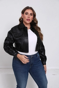 Front view of black faux leather jacket with double pockets and metal buttons