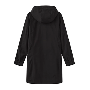 Rear view of black water-resistant hooded windbreaker with elastic cuffs and clean cut