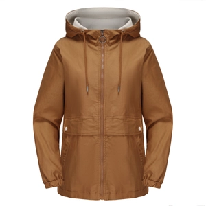 Detail view of brown hooded windbreaker with zip closure and white buttoned large pockets