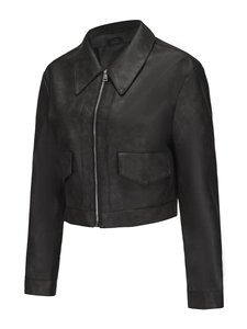 Detail view of the lapel collar and metal zipper on this black slim fit leather jacket