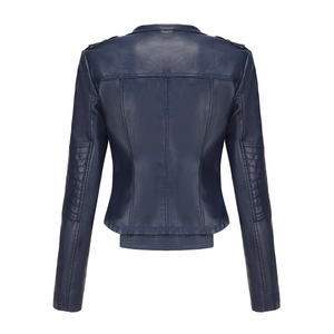 Detailed back view of navy blue leather jacket with quilted sleeve and stitch details