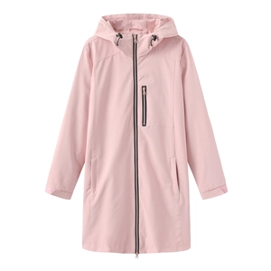 Detailed view of pink hooded windbreaker with water-resistant fabric and secure zippers