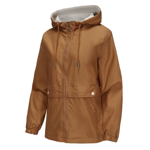 Detail view of brown hooded windbreaker showing zipper and pockets with buttons