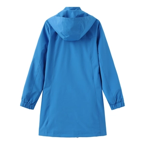 Rear view of long blue water-resistant trench coat with detachable hood and elastic cuffs