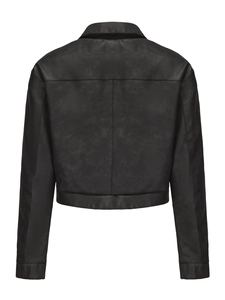 Back view of a sleek black faux leather jacket showing precision stitching and seams