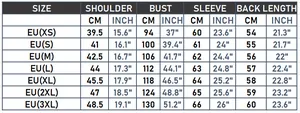 Size chart for leather jacket with measurements in cm and inch for EU sizes XS to 3XL