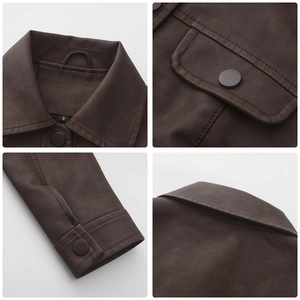 Detail view of dark brown PU leather jacket showing collar, pocket, and button texture