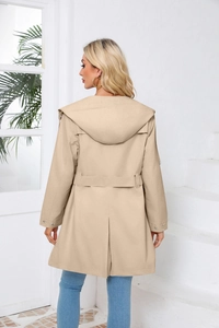 Detailed back view of khaki hooded trench coat with adjustable waist belt and split hem
